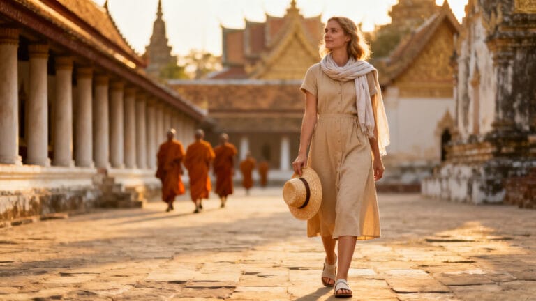 Voyageuse en tenue neutre près d’un temple, couleurs à éviter en Thaïlande