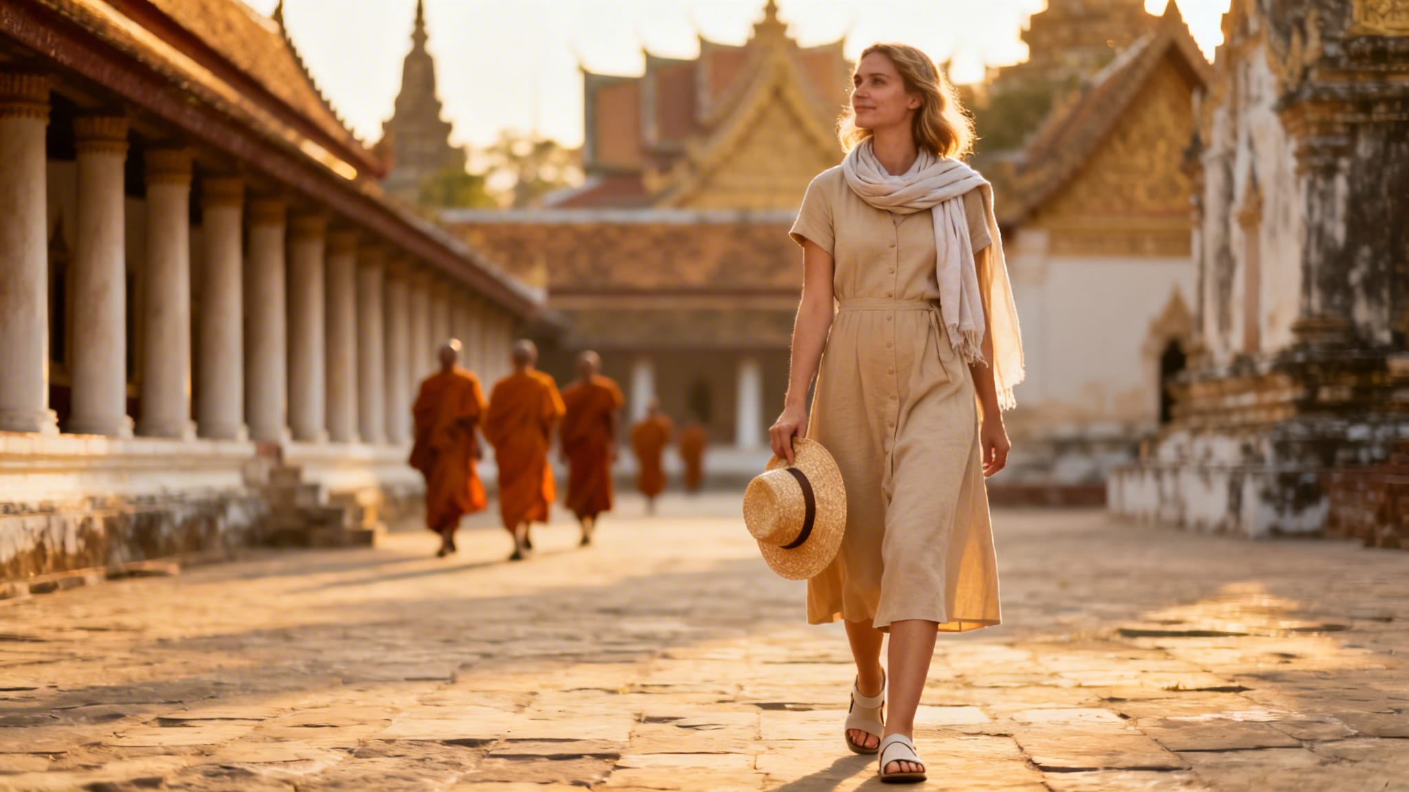 Voyageuse en tenue neutre près d’un temple, couleurs à éviter en Thaïlande