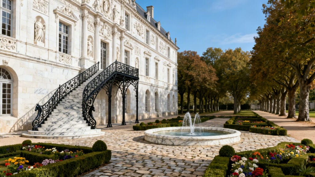 Cour pavée et grande façade Renaissance en matinée