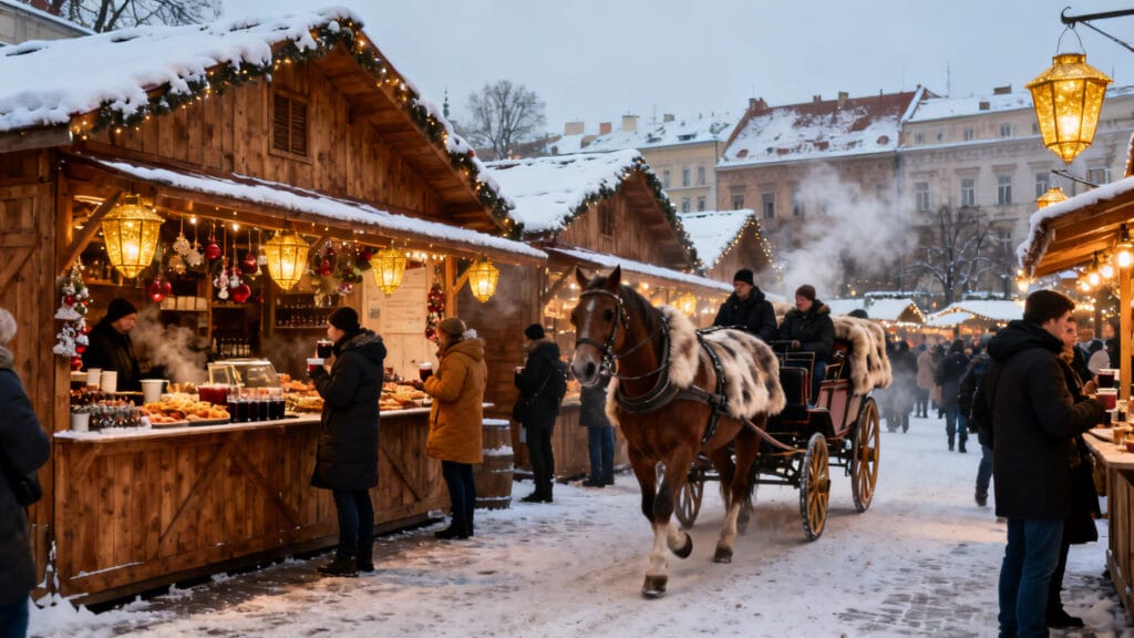Stands en bois, décorations de Noël et vin chaud