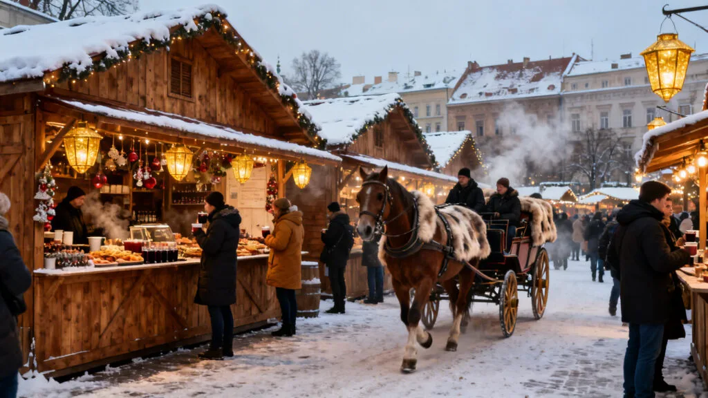 Stands en bois, décorations de Noël et vin chaud