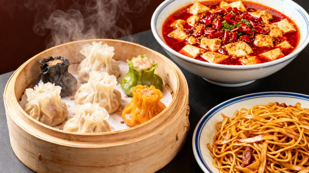 Panier de dim sum, mapo tofu épicé et nouilles sautées au wok