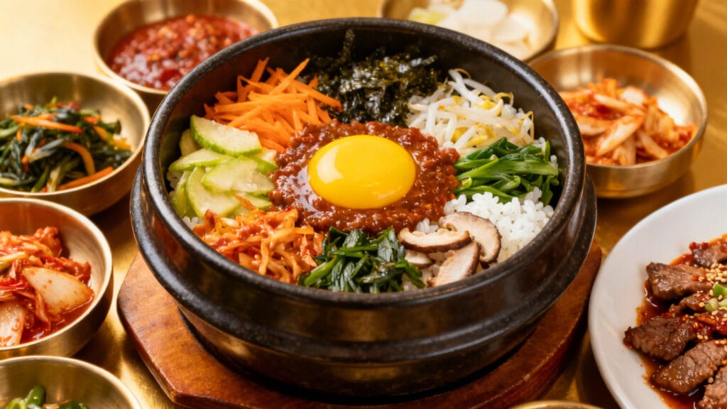 Bol de bibimbap, banchan variés et bulgogi mariné