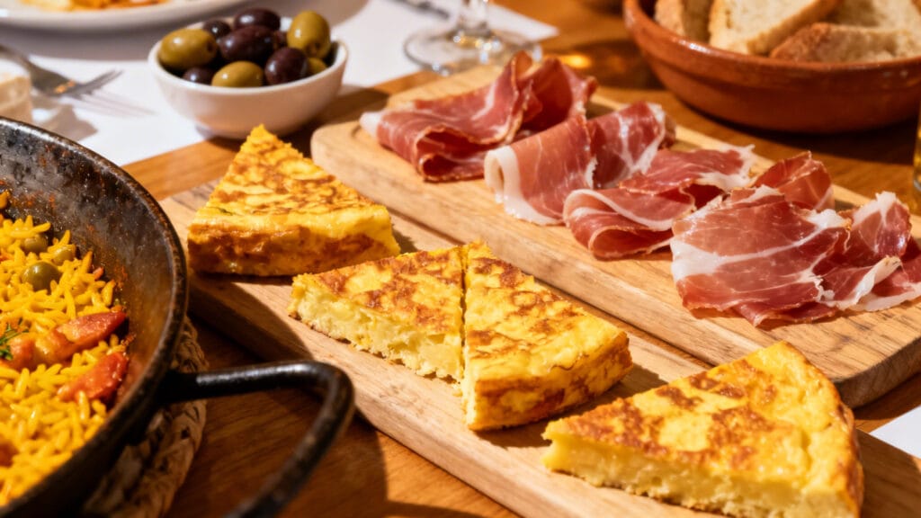 Tortilla, jamón ibérico et poêle de paella au safran