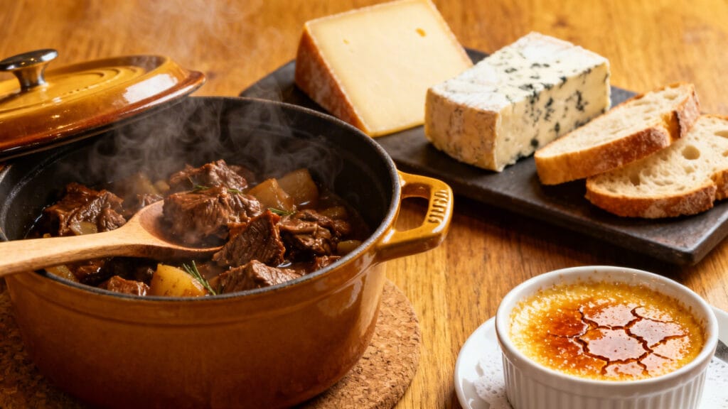 Bœuf bourguignon, fromages affinés et crème brûlée caramélisée