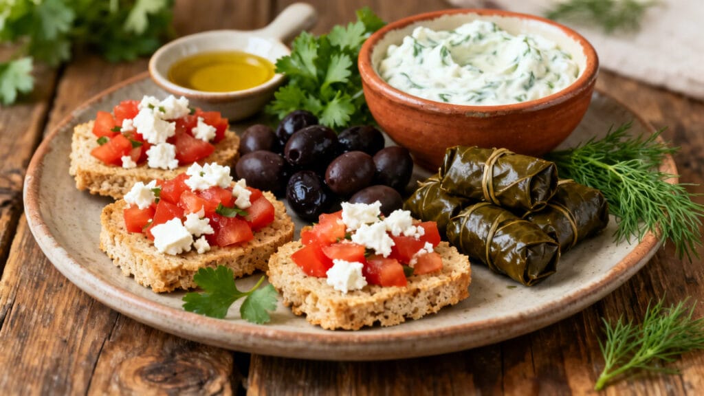 Mezzés grecs avec dakos, feta, olives et huile d’olive