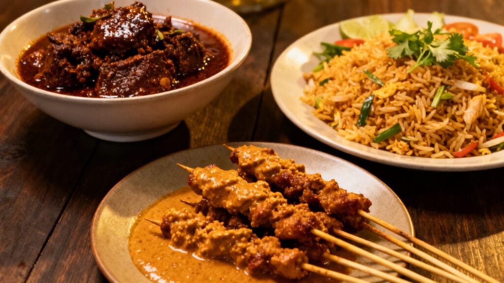 Rendang parfumé, brochettes satay et nasi goreng