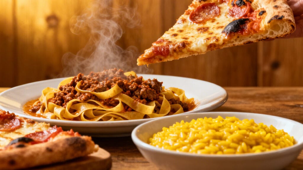 Pizza napolitaine, tagliatelle al ragù et risotto crémeux