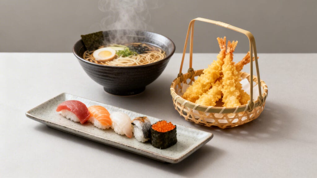 Assortiment de sushi, tempura légère et bol de ramen