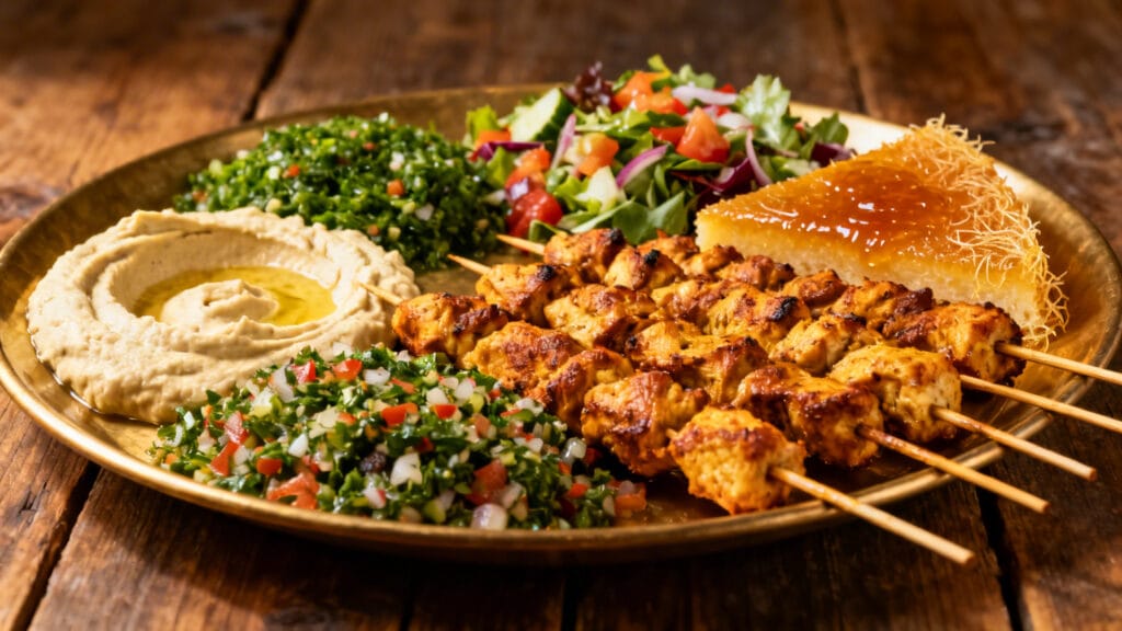 Mezzés libanais, taboulé, chich taouk et knefeh dorée