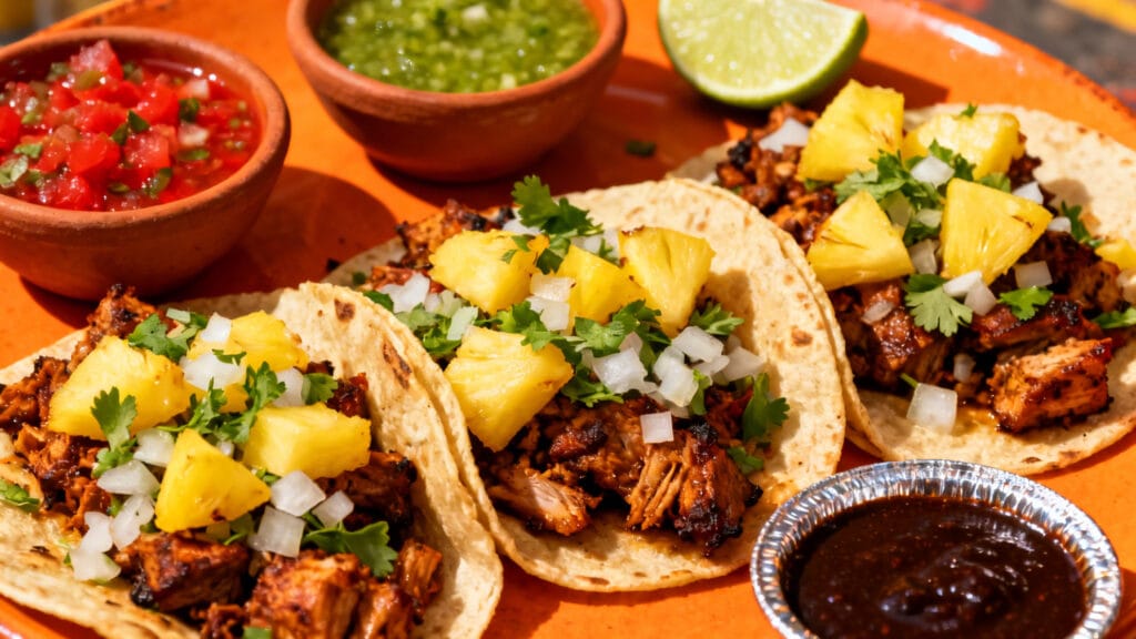 Tacos al pastor, ananas, salsas et bol de mole poblano
