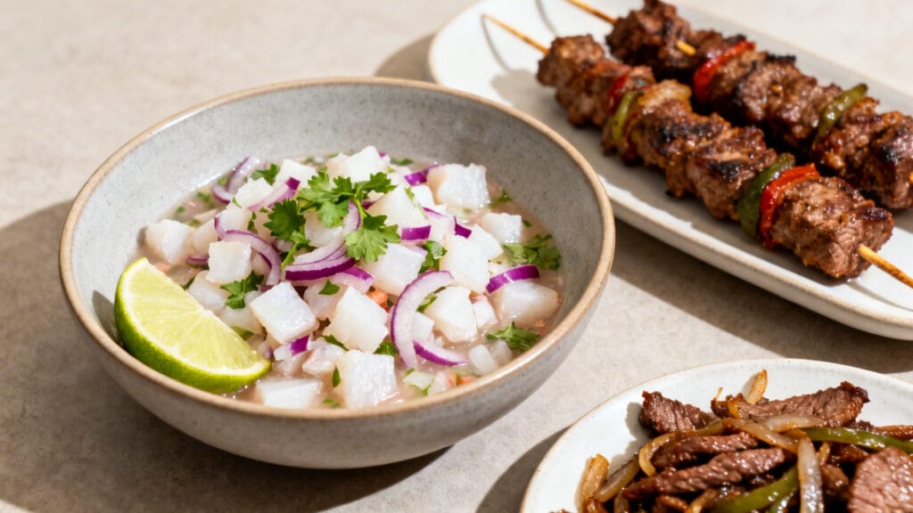 Ceviche citronné, anticuchos grillés et lomo saltado
