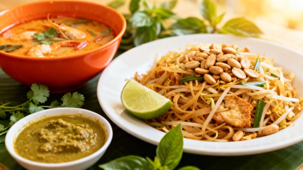 Pad thaï, soupe tom yum et curry vert aux herbes fraîches