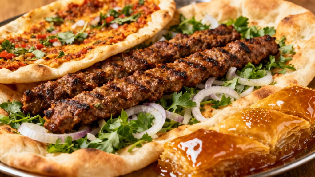 Adana kebab, lahmacun croustillant et baklava au miel
