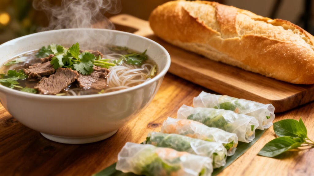 Bol de phở avec herbes, bánh mì et rouleaux de printemps