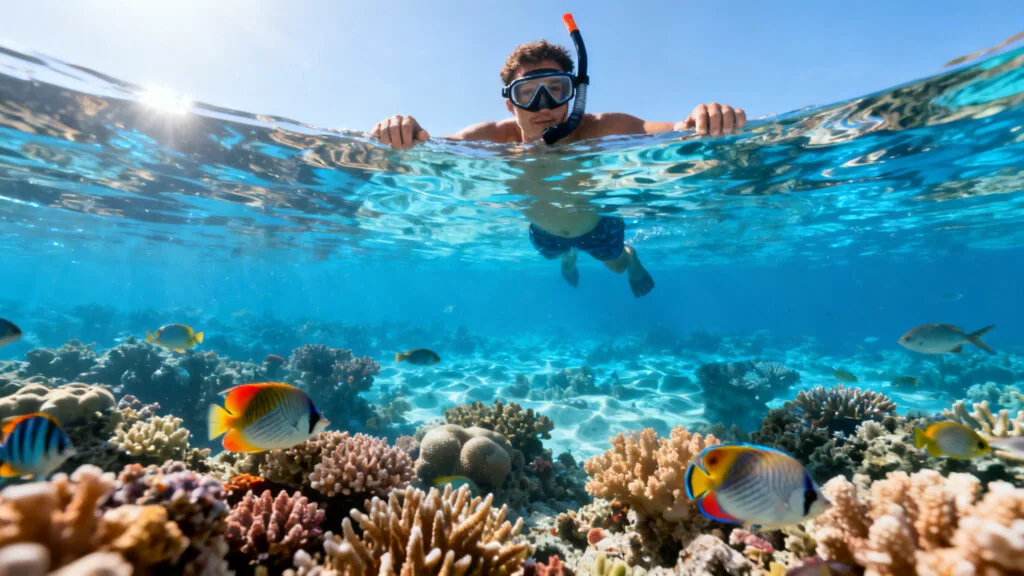 Snorkelling en mer Rouge avec coraux et poissons en septembre