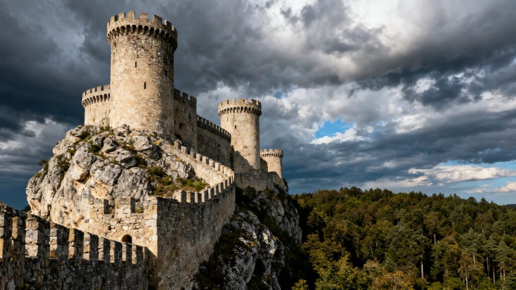 Forteresse médiévale dominant une vaste forêt