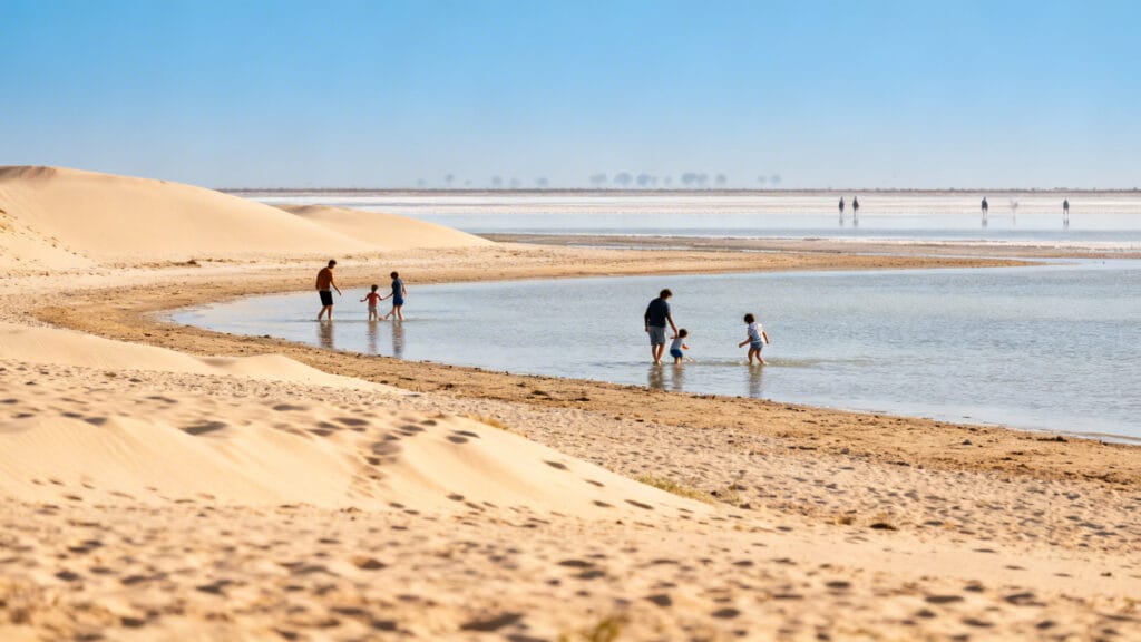 Large plage peu profonde près de dunes et salins