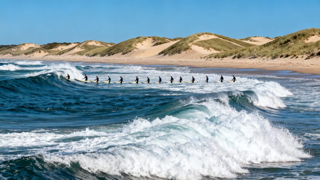 Surfeurs alignés face aux vagues sur plage océane