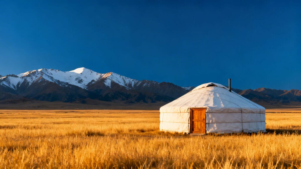 Steppe d’Asie centrale avec yourte et montagnes