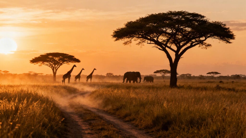 Savane africaine, acacias et troupeau d’éléphants
