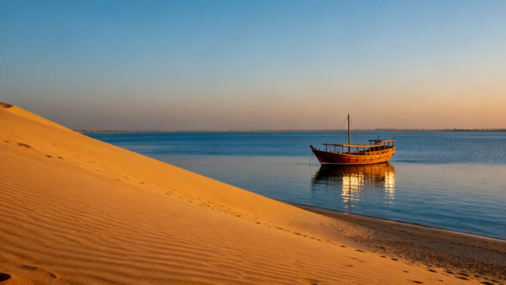 Dunes dorées et mer du Golfe au Koweït