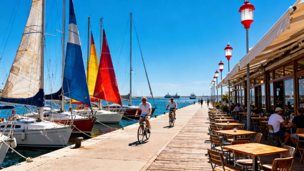 Voiliers au port et cyclistes sur promenade côtière