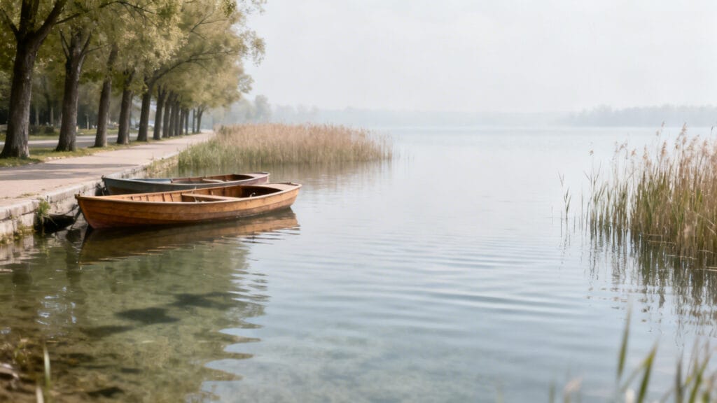 Lac d’eau claire, barques et promenade arborée