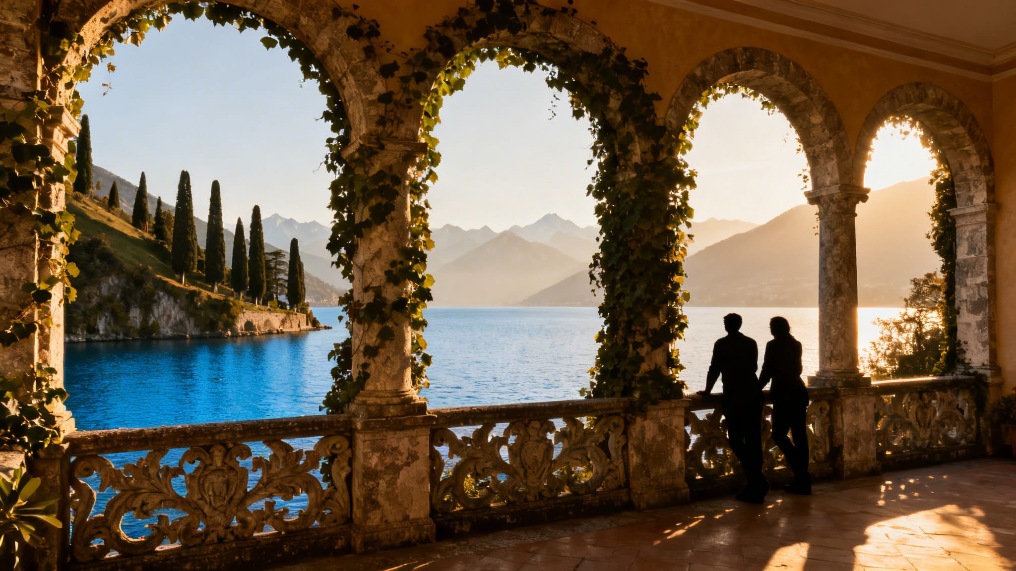 Terrasse d’une villa au bord d’un lac, ambiance Lac de Côme et Star Wars