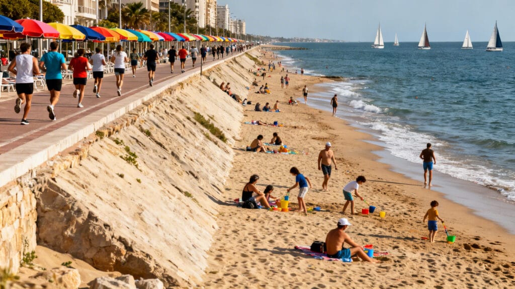 Plage urbaine animée avec remblai et parasols