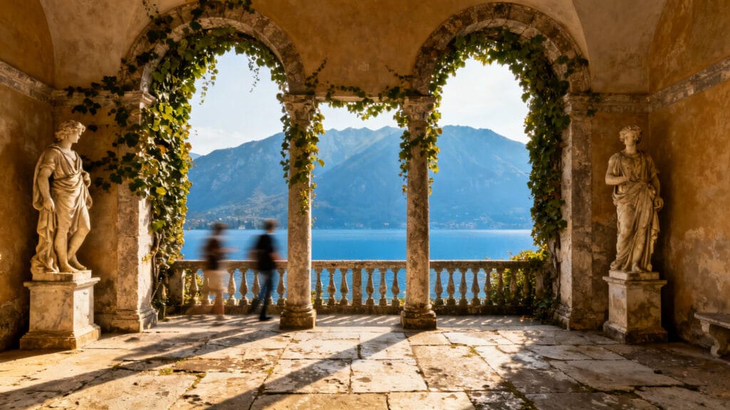 Loggia en pierre avec arches et lierre surplombant un lac alpin