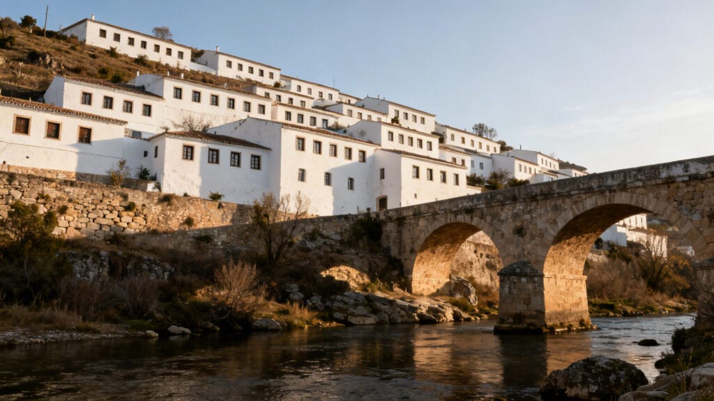 Maisons ottomanes en terrasses et pont en pierre