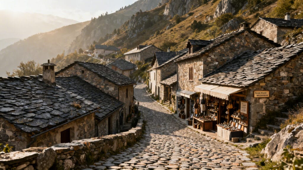 Ruelles pavées et toits d’ardoise, ambiance montagne