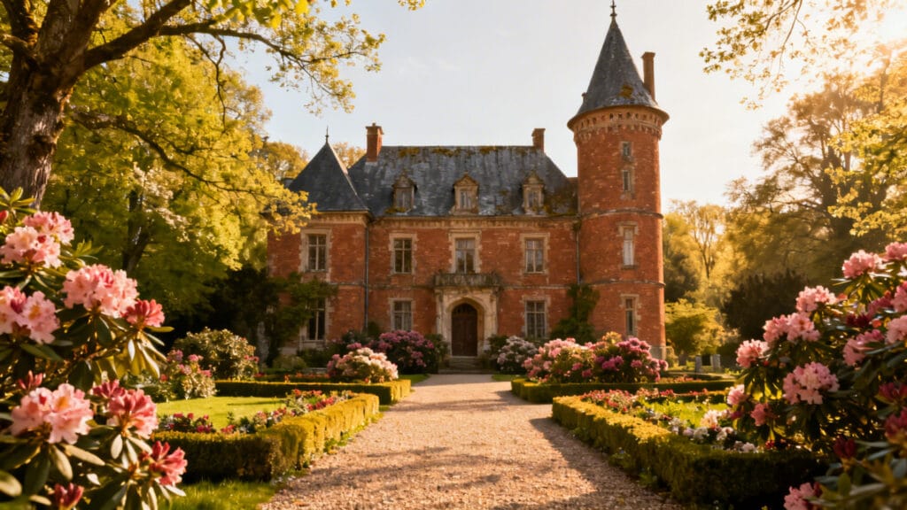 Manoir en brique et ardoise au cœur de jardins fleuris