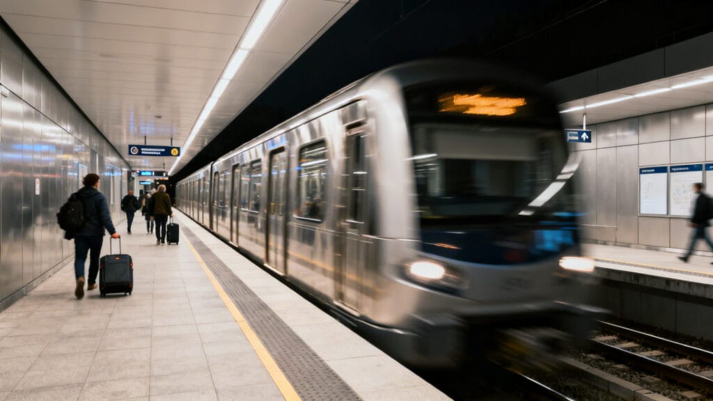 Rame de métro léger en station avec voyageurs et bagages