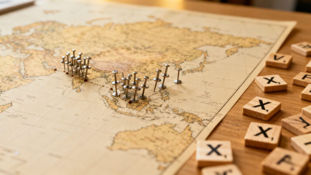 Carte monde et épingles en Asie, villes en X