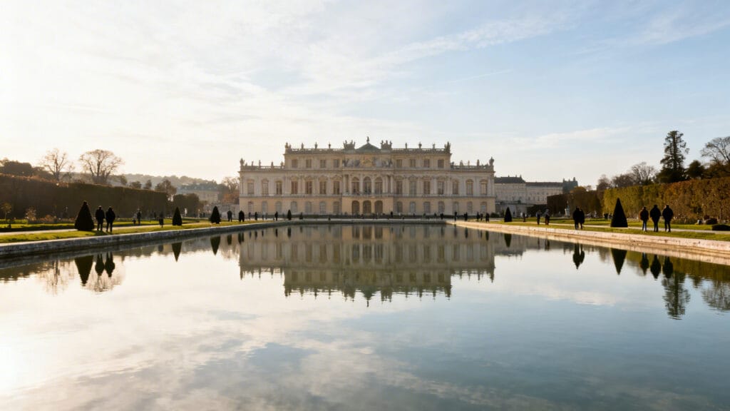 Palais raffiné se reflétant dans un grand bassin miroir