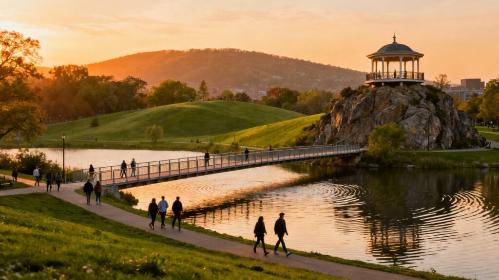 Parc urbain vallonné avec lac et belvédère