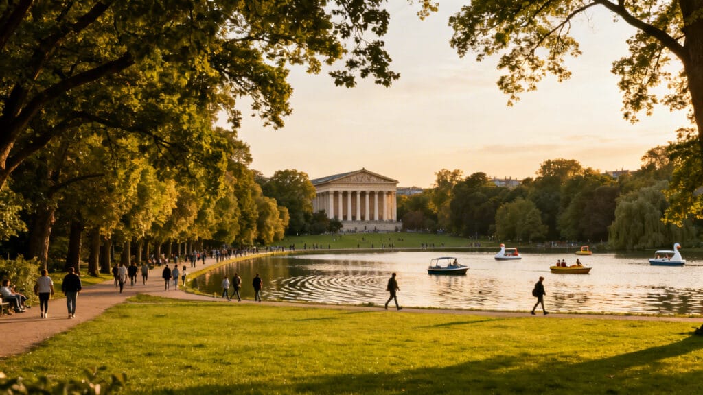 Grand parc verdoyant avec lac, barques et musée néoclassique