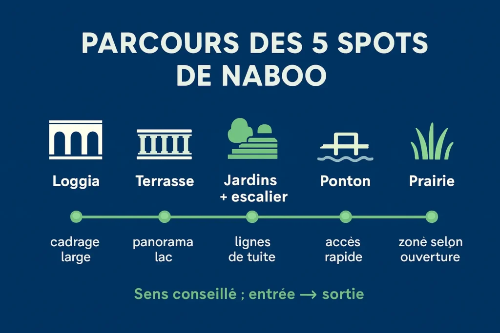 Parcours en 5 étapes pour voir les spots de Naboo