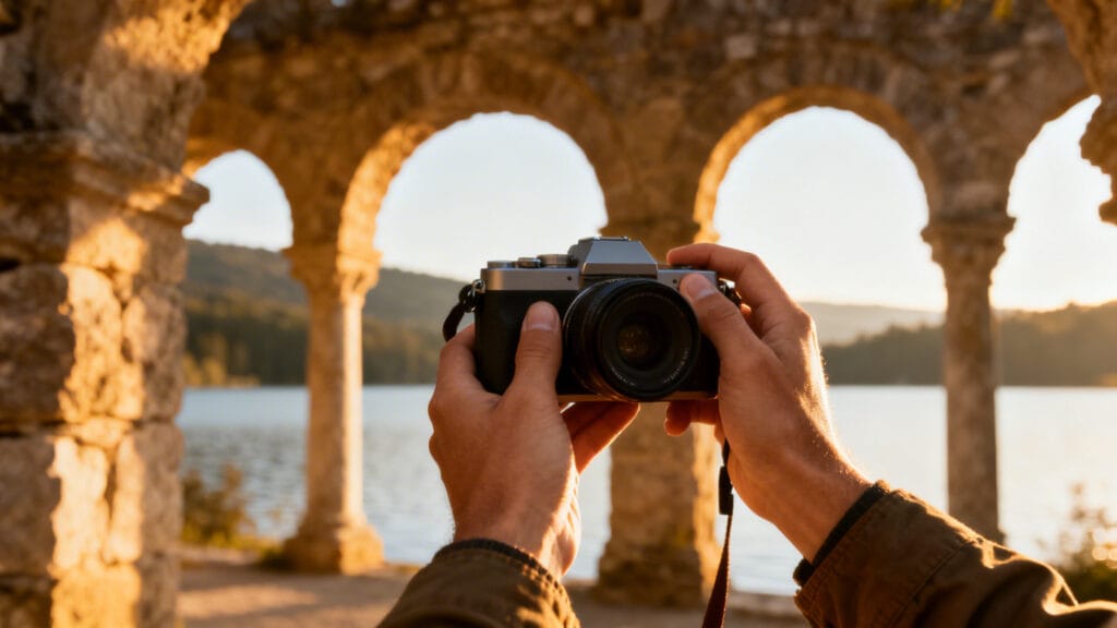 Voyageur cadrant des arches en pierre avec un lac en arrière-plan