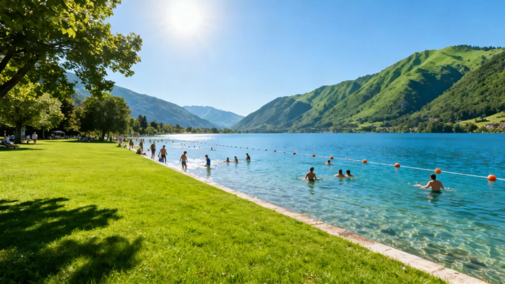 Plage du lac d’Annecy, zone surveillée et pelouse