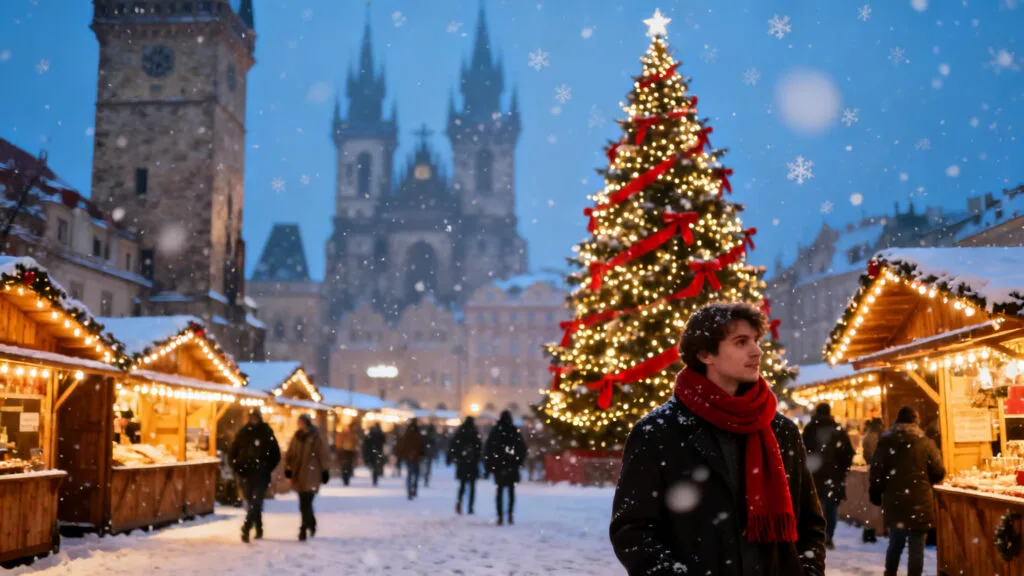 Grande place pavée, sapin géant et chalets de Noël