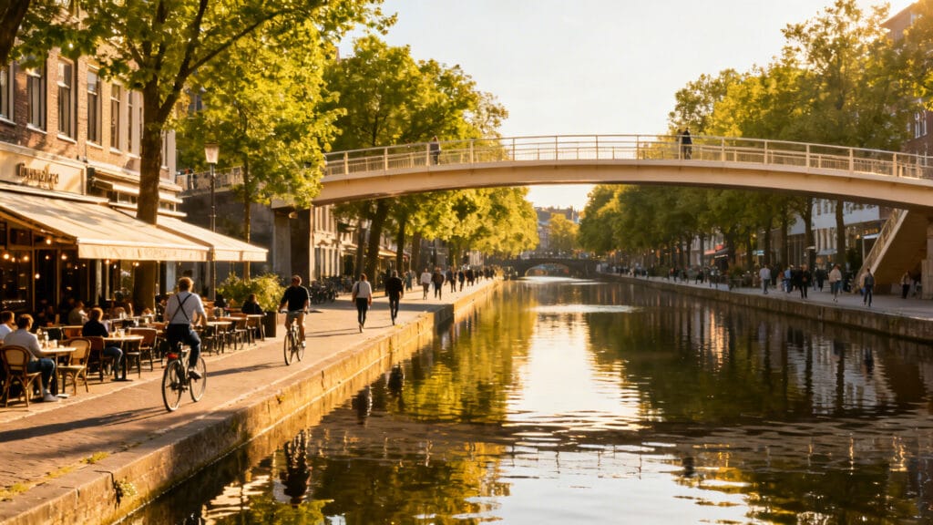 Quais animés et passerelle au bord d’un canal urbain
