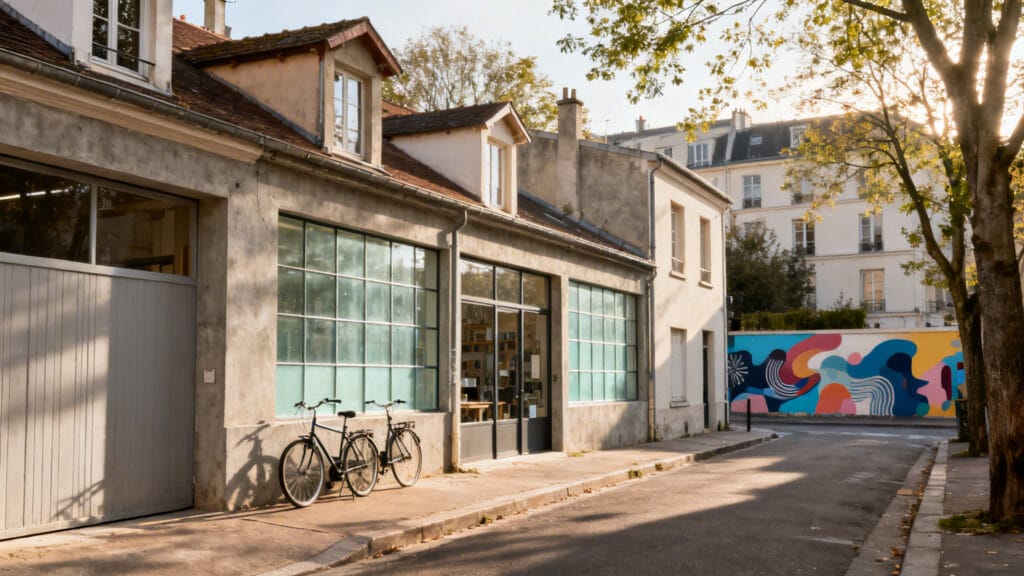 Rue résidentielle avec ateliers d’artistes et vélos à Paris 14