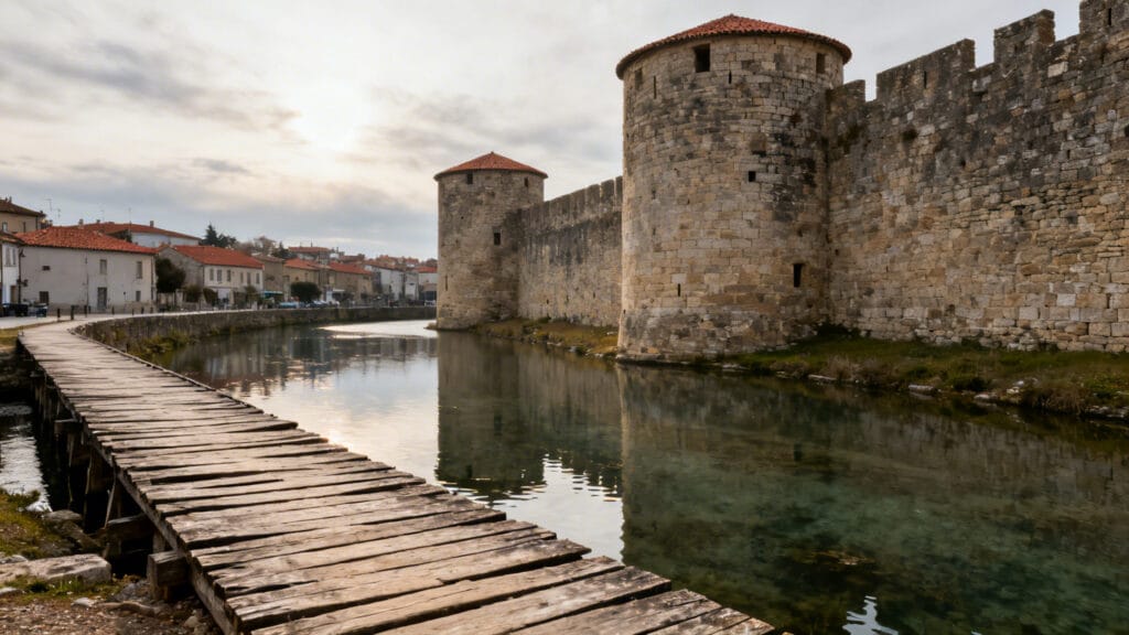 Remparts médiévaux et fossé en eau en ville