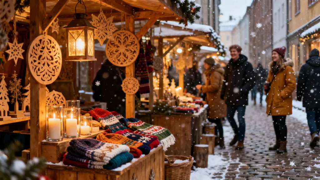 Ruelle pavée, lanternes chaudes et artisanat nordique