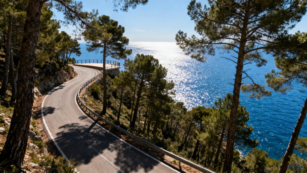 Route panoramique au col, vue mer et pins