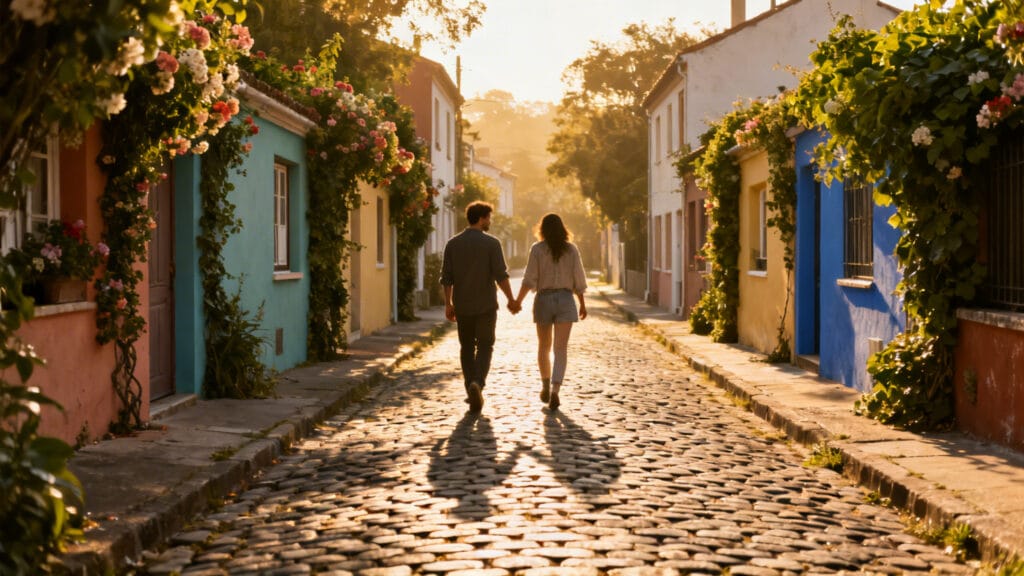 Ruelle pavée, maisons fleuries et ambiance village