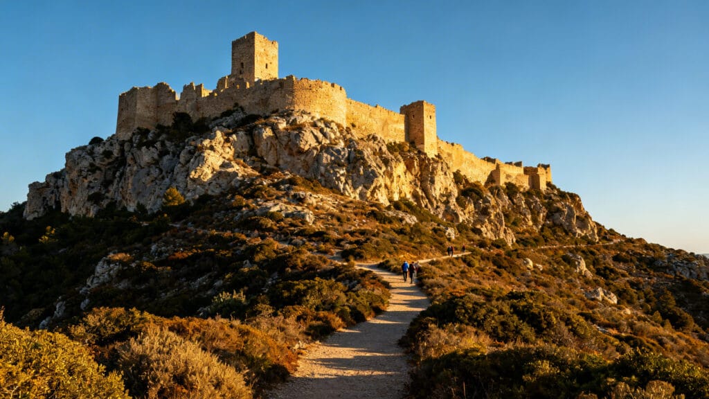 Citadelle perchée sur crête avec panorama à 360 degrés
